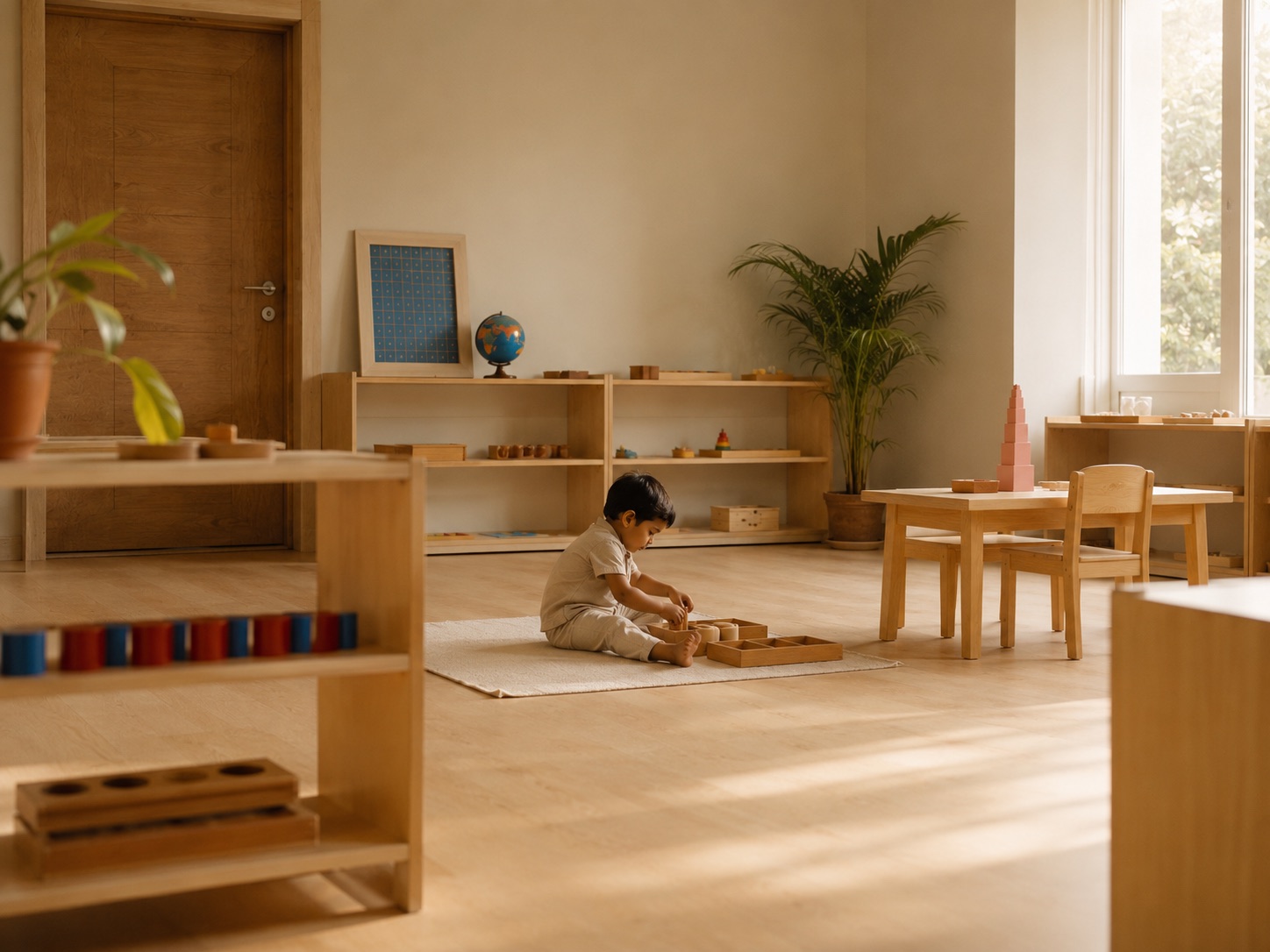 Inside The Aangan: a child absorbed in a wooden activity tray on the floor of a calm Montessori room, with low shelves, pale wood, and soft morning light