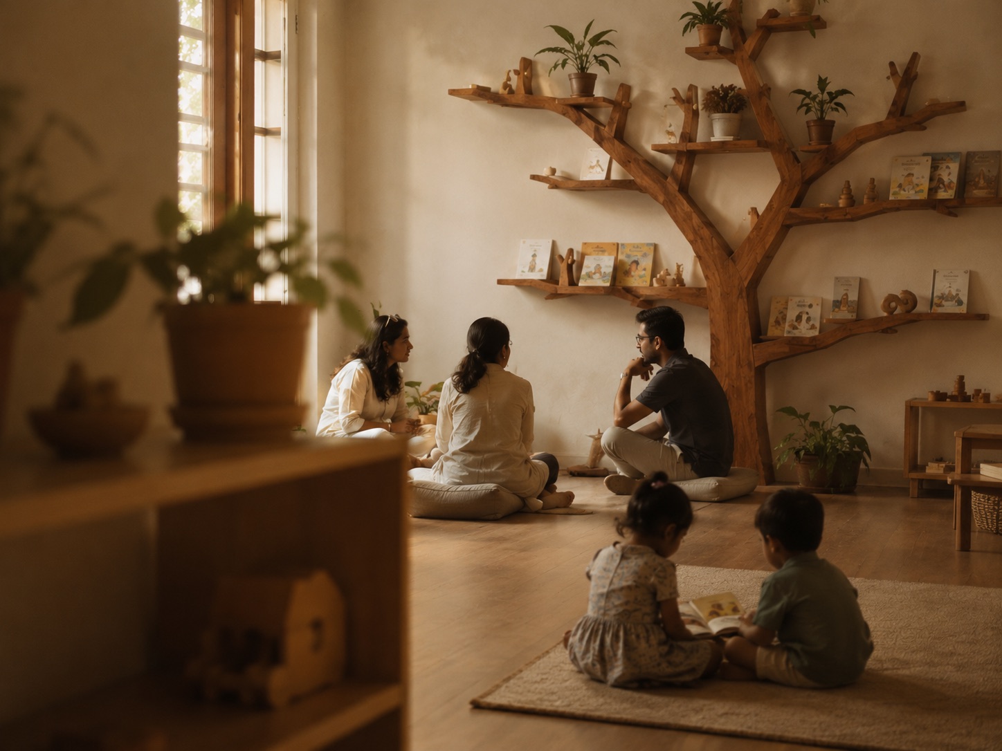 Parents sitting on floor cushions in easy conversation beneath a tree-shaped bookshelf, while two children read together on a rug nearby